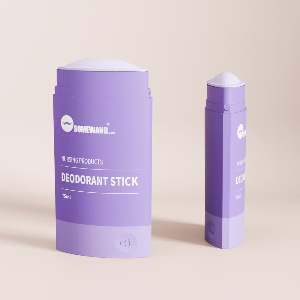 Two sleek purple deodorant sticks from SOMEWANG.com stand against a neutral background, available in 75ml and 15ml sizes for easy use.