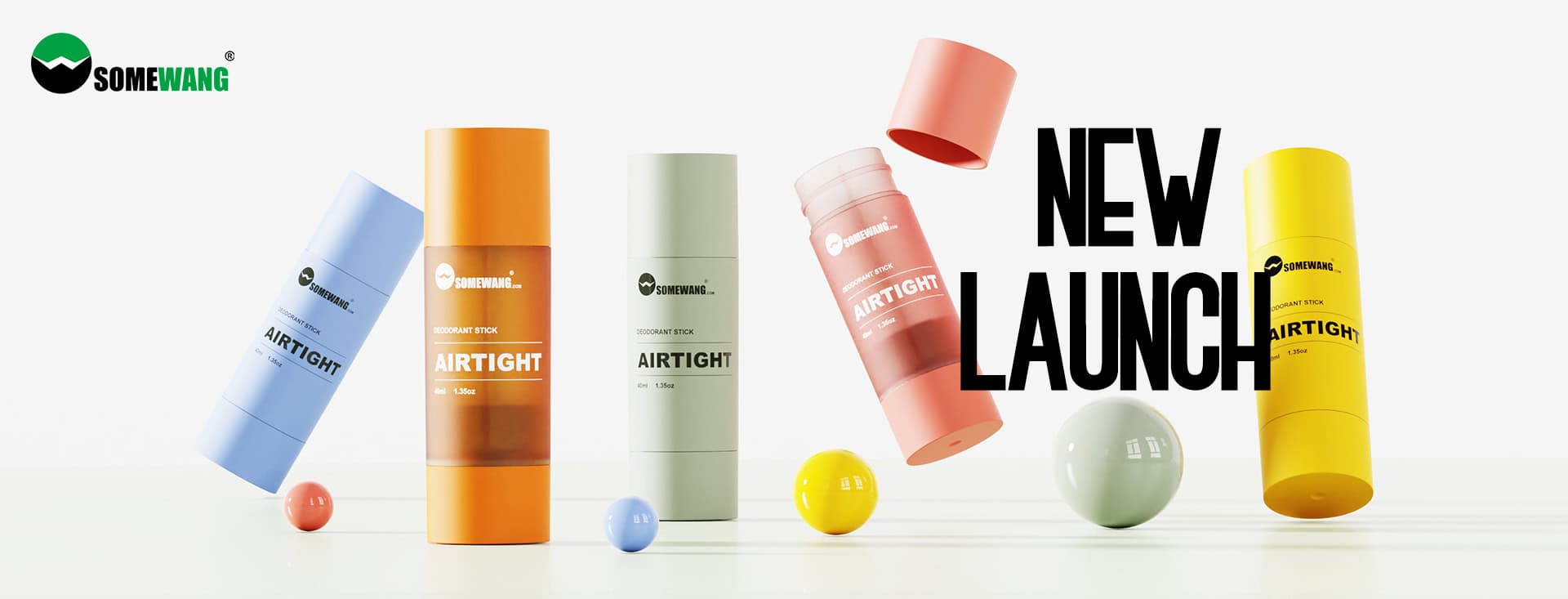 Bouteilles colorées étiquetées « AIR TIGHT » avec bouchons flottants, « NOUVEAU LANCEMENT » et billes colorées. Marque : « SOMEWANG ».