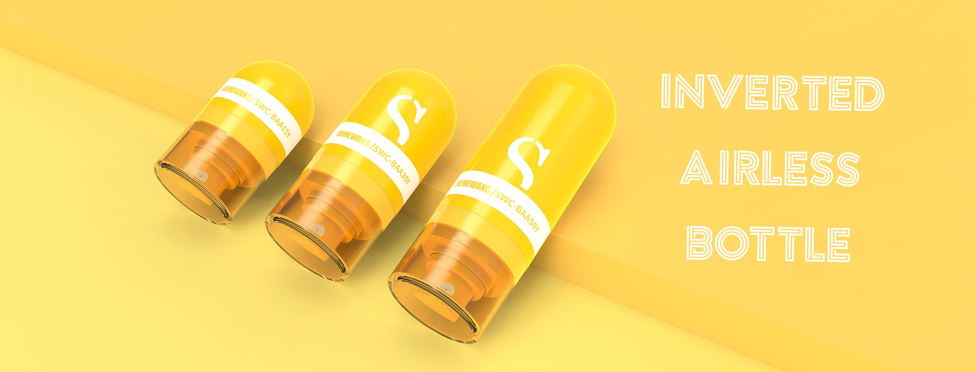 Trois bouteilles airless jaunes sont inclinées sur un fond jaune avec le texte « Bouteille airless inversée » à droite.