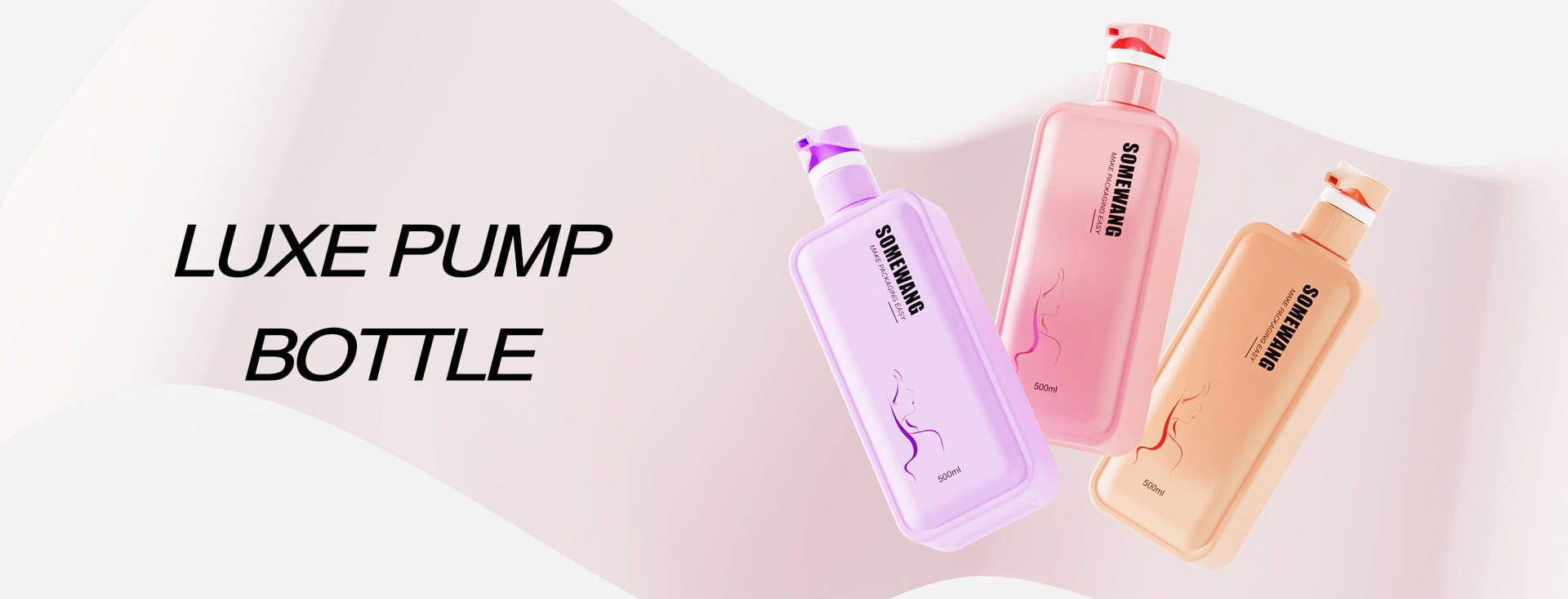 Trois flacons pompe de luxe en lavande, rose et pêche sur fond blanc avec le texte « Luxe Pump Bottle » sur la gauche.