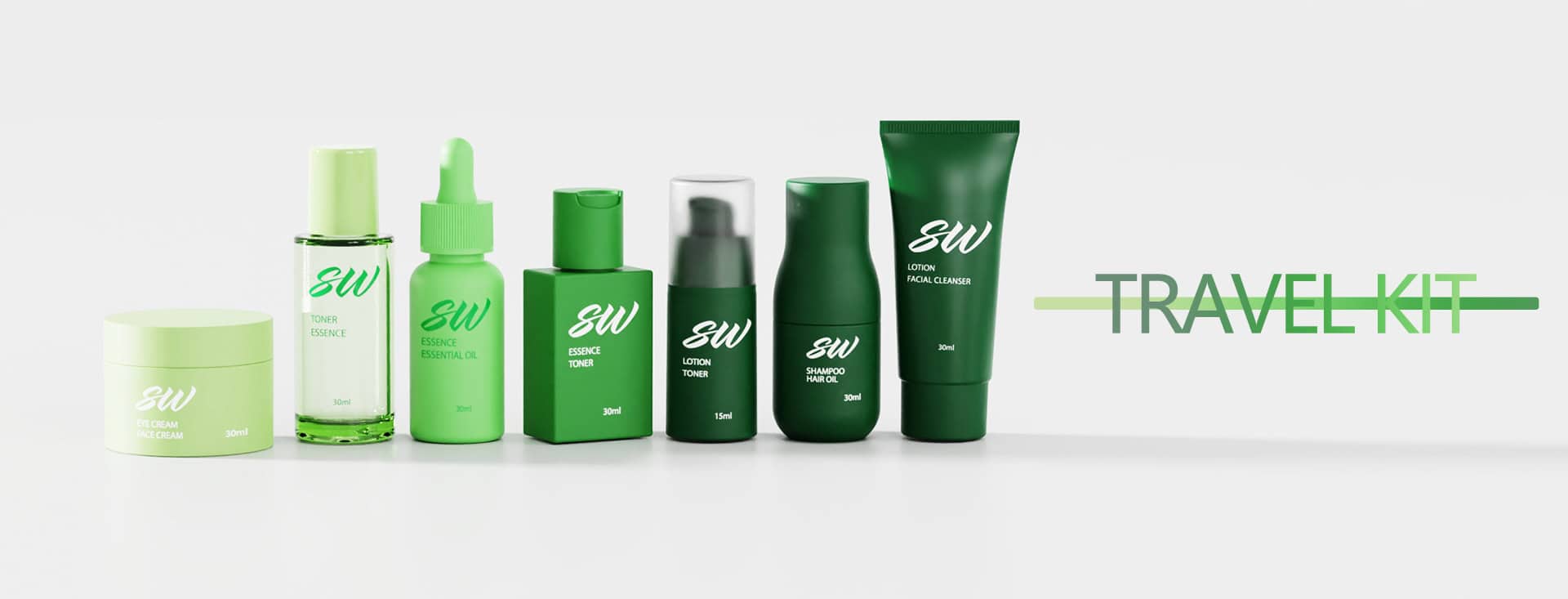 Rangée de flacons de soins de voyage étiquetés « SW » : crème hydratante, essence, tonique, sérum, nettoyant. Texte : « Trousse de voyage ».