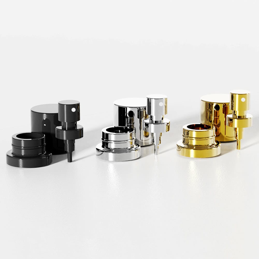 Three sets of black, silver, and gold 15/400 Fine Mist Sprayers with an Aluminum Shell Effect are beautifully shown on a reflective surface.